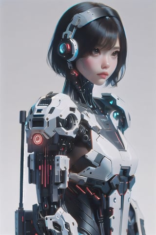 MECHA GIRL,1girl,weapon,gun,solo,black hair,short hair,holding,holding weapon,handgun,holding gun,science fiction,realistic,brown eyes,looking at viewer,cyberpunk,cyborg,upper body,simple background,lips,cable,white background,mechanical arms,from side,extremely details,