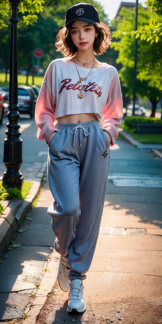 (Young goddess in hip hop fashion), 14 year old Russian dancer, (((full body))), (park visible in background)), body framing, perfect proportions, round face, (thick gray sweatpants), (white t-shirt with pink logo), yacht parka, colorful dancing shoes, belly, (gray very short curly bobbed hair with black cap hat worn diagonally), decisive face with hands in pockets and chin pulled back, (boosted hair color), (very dark top hair), (dark brown eyes), highlights on eyes, (makeup, eye shadow, eyeliner), (high nose ), eye shadow, lip filler, (lips slightly open to show 2 upper front teeth), smile, thin cheek rouge, makeup, earrings, necklace, (small round chest), round buttocks, (thin waist), ((light skin tone)), ³ masterpiece, super detailed, high resolution, 8K, HD, realistic rendering, Reality Based Rendering , Unreal Engine, Complex Detail, (Noise Removal), Solo, Detailedface, Realism, Raw Photo, Photography, Photorealism, Photoshoot, One Girl, Young Beauty Spirit, World's Best Face, Enhance, Detailedface, Perfect, (8k sharp focus), Ultra Photorealism, Detail, Masterpiece, Color Booster, European Girl, (Face Makeup), epiC35mm, (Front: 1), Photorealistic, (2 limbs, 5 fingers)