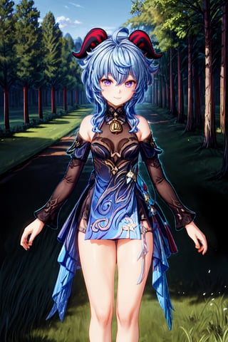 1girl, solo, blue hair, purple eyes, red horns, neck bell, bare shoulder, bare legs, detachable long sleeves, medium breast, black undershirt, neck tie undershirt, beautiful smile, outdoor, daytime, grass, open field, trees, look at viewer, facing away, best quality, potrait, (extremely detailed CG unity 8k wallpaper, masterpiece, best quality), (detailed background), High contrast, (best illumination, an extremely delicate and beautiful), realistic, perfect light,ganyu \(genshin impact\)
