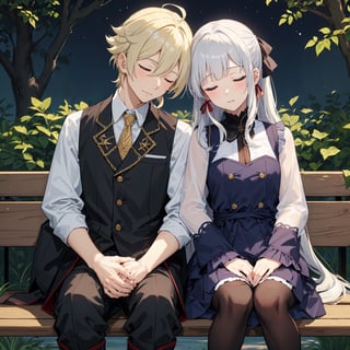 1 girl, 1 boy, 2 person, high res, boy blonde hair, girl light silver hair( long hair, straight bangs, hair ribbon, single ponytails),  high quality, best quality, full body, perfect, anime, add more details, aether, navia_gi, sleeping on person, leaning on person, on a bench under a tree, boy eyes close, sleeping on person, kamisato_ayaka_genshin