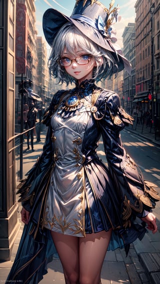 1 girl, solo, small body, hat, blue outfits, nerd glasses, short hair, standing in the middle of the road, traffic light, light smile, lips apart, masterpiece, best quality, (extremely detailed CG unity 8k wallpaper, masterpiece, best quality, ultra-detailed, best shadow), (detailed background), (beautiful detailed face, beautiful detailed eyes), High contrast, (best illumination, an extremely delicate and beautiful), dynamic angle, beautiful detailed glow,full body, realistic, ,furina, white hair