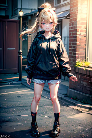 1 girl, wear hoodie, short pants, full body, outdoor, street, daytimes,  beautiful smile, masterpiece, best quality, potrait, (extremely detailed CG unity 8k wallpaper, masterpiece, best quality, ultra-detailed, best shadow), (detailed background), (beautiful detailed face, beautiful detailed eyes), High contrast, (best illumination, an extremely delicate and beautiful), dynamic angle, beautiful detailed glow, realistic, perfect light, depth_of_field,perfect light