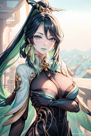 1 girl, solo, mature lady, xianyun, very long hair, ponytail, hair ornament, semi-rimless eyewear, green eyeshadow, earrings, green lips, smile, lips apart, masterpiece, best quality, (extremely detailed CG unity 8k wallpaper, masterpiece, best quality, ultra-detailed, best shadow), (detailed background), (beautiful detailed face, beautiful detailed eyes), High contrast, (best illumination, an extremely delicate and beautiful), dynamic angle, beautiful detailed glow, anime, ,perfect light,xianyun