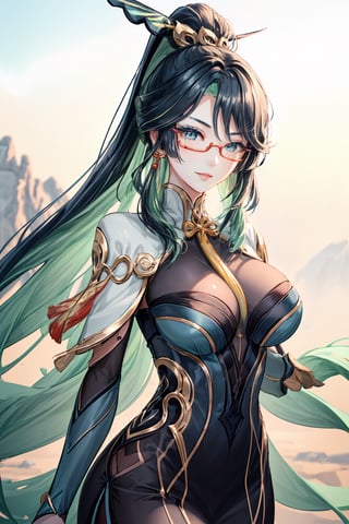 1 girl, solo, mature lady, xianyun, very long hair, ponytail, hair ornament, red glasses, semi-rimless eyewear, green eyeshadow, earrings, green lips, smile, lips apart, masterpiece, best quality, (extremely detailed CG unity 8k wallpaper, masterpiece, best quality, ultra-detailed, best shadow), (detailed background), (beautiful detailed face, beautiful detailed eyes), High contrast, (best illumination, an extremely delicate and beautiful), dynamic angle, beautiful detailed glow, anime, ,perfect light,xianyun