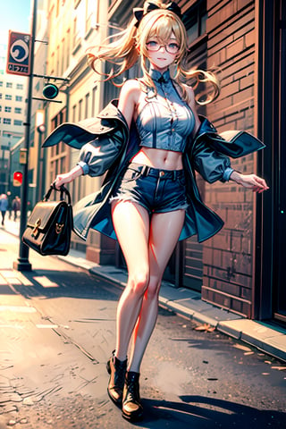 1 girl, crop top, denim, jeans, handbag, noon, nerd glasses, full body, outdoor, street, daytimes,  beautiful smile, masterpiece, best quality, potrait, (extremely detailed CG unity 8k wallpaper, masterpiece, best quality, ultra-detailed, best shadow), (detailed background), (beautiful detailed face, beautiful detailed eyes), High contrast, (best illumination, an extremely delicate and beautiful), dynamic angle, beautiful detailed glow, realistic, perfect light, depth_of_field,perfect light