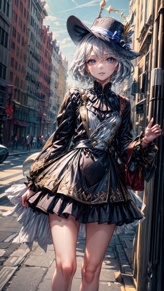 1 girl, solo, small body, hat, casual outfits, short hair, sunglasses, standing in the middle of the road, traffic light, light smile, lips apart, masterpiece, best quality, (extremely detailed CG unity 8k wallpaper, masterpiece, best quality, ultra-detailed, best shadow), (detailed background), (beautiful detailed face, beautiful detailed eyes), High contrast, (best illumination, an extremely delicate and beautiful), dynamic angle, beautiful detailed glow,full body, realistic, ,furina, white hair
