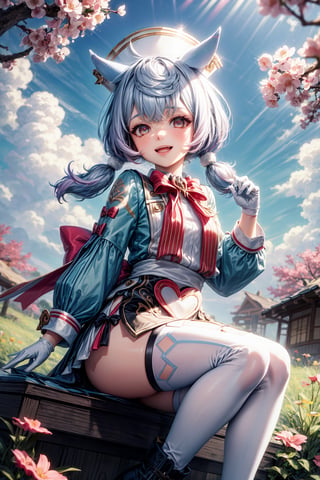 A whimsical scene unfolds! Sigewinne, the Genshin Impact character, stands solo amidst a vibrant meadow of flowers. She wears white gloves, long sleeves with red pom-poms, and a twintails hairstyle adorned with a blue hair ornament in the shape of a heart. A matching red bow sits atop her head, which is covered by a white apron with an animal ear hat. Her dress flows down to her boots, which are laced with a bowtie-like detail. Her eyes shine bright red as she gazes out at the blooming flowers, her happy face beaming with joy. In the distance, her vision (a glowing energy) radiates outward, illuminating the colorful surroundings.