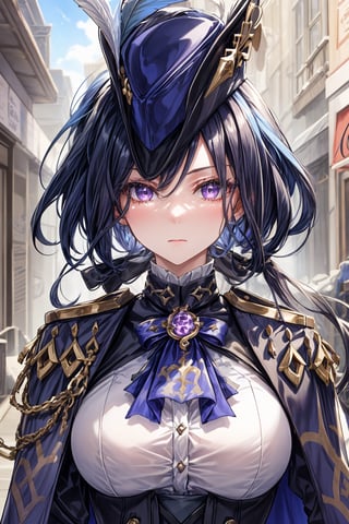 A mature Clorinde from Genshin Impact stands solo in a bright outdoor setting on a sunny day. She wears a striking outfit featuring white gloves, black pantyhose, and a black jacket with fold-over boots. A tricorne hat sits atop her deep blue hair, adorned with a hat feather. Her purple eyes gaze directly at the viewer, exuding a pensive atmosphere. A blue cape flows behind her, partially obscuring her large breasts covered by a corset. The simple background is illuminated by perfect light, accentuating her features and mysterious demeanor.,clorinde \(genshin impact\),clorinde_genshin_impact,clorinde (genshin impact)