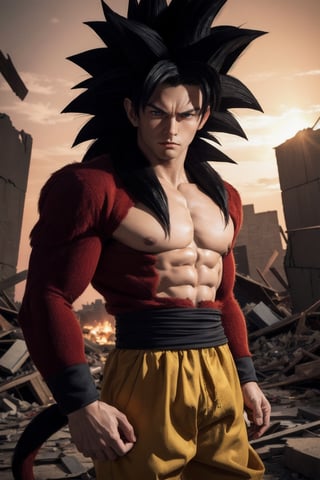 ((masterpiece,best quality)), absurdres, destroyed houses background, Super Saiyan 4 Goku, 1boy, male focus, super saiyan, tail, wristband, pants, red fur, black hair,  solo, looking at viewer, cowboy shot, red hairy skin, yellow brown eyes, view to camera, Serious, male, angry