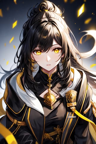 mature female,black coat draped over shoulders,yellow highlights on coat,light glowing from yellow eyes,1 girl,black hair, hair yellow highlights,stelle hsr
