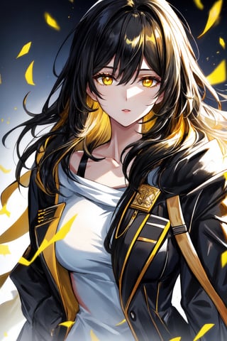mature female,black coat draped over shoulders,yellow highlights on coat, low cut white t shirt,light glowing from yellow eyes,1 girl,black hair, hair yellow highlights,stelle hsr