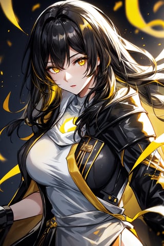 mature female,black coat draped over shoulders,yellow highlights on coat, low cut white t shirt,light glowing from yellow eyes,1 girl,black hair, hair yellow highlights,stelle hsr