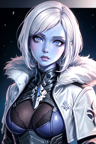 Mara sov, destiny 2, 4k,Mature Female, beautiful face, high quality face,complete eyes,[[realistic eyes]] ,1girl, only 2 arms  , analog,realism, awoken ,analog,[[ light blue skin]] ,[[purpel eyes ]],bungie, mara sov face, bust,blue skin,short-hair,white hair,feathered_hair, cropped jacket,fur on collar of jacket,black body suit 