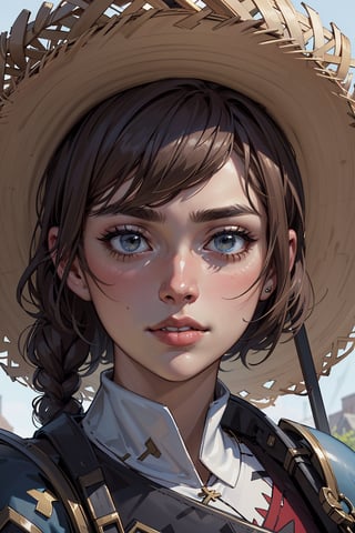 there is a woman with a straw hat on looking at something, portrait of max caulfield, imogen poots as a holy warrior, imogen poots paladin, imogen poots as holy paladin, cinematic close-up bust shot, imogen poots, imogen poots d&d paladin, cinematic close shot, still from a fantasy movie