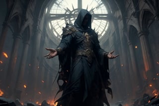 Create a realistic photo of a human-faced necromancer in a hooded robe, deadly and Machiavellian character, with no regard for human life or indeed any life other than the undead he commands: a proud and vindictive mage who has no qualms using powers to rule in darkness. Sharp focus, high detailed, hellish castle hall background. full_body shot, dynamic pose