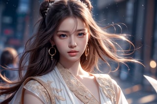 The background is midnight sky,big blue moon,dark night,snow blowing,16 yo, 1 girl,sword,halo,shining bracelet,beautiful hanfu(white, transparent),cape, cloth blowing in wind, solo, {beautiful and detailed eyes}, calm expression, natural and soft light, delicate facial features, cute japanese idol, very small earrings, ((model pose)), Glamor body type, (dark hair:1.2),  beehive,big bun,very_long_hair, hair past hip, curly hair, flim grain, realhands, masterpiece, Best Quality, photorealistic, ultra-detailed, finely detailed, high resolution, perfect dynamic composition, beautiful detailed eyes, eye smile, ((nervous and embarrassed)), sharp-focus, full_body, sexy pose,cowboy_shot,ruanyi0060