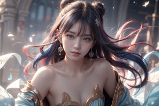 The background is the battlefield, dark night, falling snowflakes, 16 years old, halo, shining bracelet, sexy and gorgeous Dunhuang costume (blue, transparent), kingly style, cloak, cloth fluttering in the wind, {beautiful and exquisite Eyes}, angry expression, natural soft light, delicate facial features, cute Japanese idol, very small earrings, ((model pose)), charming body shape, (colored hair: 1.2), honeycomb, big bun, very long hair, curly hair, fine grain, masterpiece, best quality, realistic, super detailed, fine, high resolution, perfect dynamic composition, beautiful detailed eyes, eyes smile, ((nervous and awkward)), focus clear,sexy pose,cowboy shooting,six pack abs,ruanyi0060,masterpiece