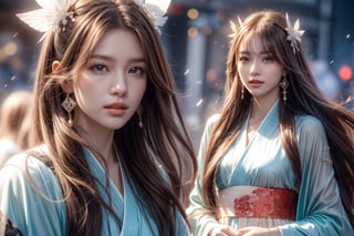 The background is the midnight sky, big blue moon, dark night, falling snow, 16 years old, 1 girl, sword, halo, shiny bracelet, beautiful Hanfu (blue), cloak, cloth fluttering in the wind, solo, { Beautiful and delicate eyes}, calm expression, natural soft light, exquisite facial features, cute Japanese idol, very small earrings, ((model pose)), charming body shape, (brown hair: 1.2), honeycomb, big hair Updo, very long hair, past hair hips, curly hair, thin grain, real handwork, masterpiece, best quality, photorealistic, super detailed, fine, high resolution, perfect dynamic composition, beautiful detailed eyes, eyes smile, ((nervous and embarrassed)), sharp focus, sexy pose, cowboy shot, ruanyi0060, close-up,