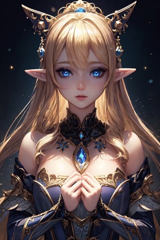 1 girl, normal chest, look at viewer, face portrait, elf, elf ear, silky skin,surreal photography of a stunningly beautiful, blonde hair, blue eyes, intricate detailed, glowing, highly detailed, masterpiece, light particle, colourful light particles, concept art, 8 k,1girl navia,More Detail,perfect split lighting