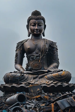 A towering, intricately constructed mechanical Buddha standing atop a mound of discarded metal and debris. The Buddha namaste appears to be made of various metal parts, wires, and tools, giving it a skeletal and mechanical appearance. The background is overcast, adding a somber and post-apocalyptic feel to the scene.