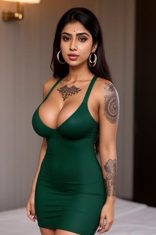 Busty indian female,  27 years old, slutty tight short green dress, nose ring, looking over shoulder, full body, huge breasts, hoop earrings, arm tattoo, seductive look, chest tattoo, athletic butt, leg tattoos, arm sleeve tattoo, oiled skin, realistic, nipples poking through top