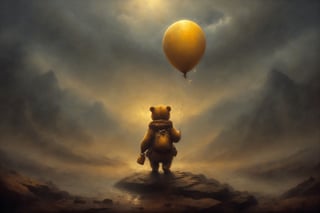 Create an image featuring a litttle Bear Paddington with textured  skin , walking slowly, In a dessert with epic rocks, adding dynamic action to the scene. dark and moody with lightning,  holding in his hand 1yellow balloon, wide angel view,
,digital artwork by Beksinski, in the style of esao andrews
