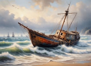 ((masterpiece: 1.2), (best quality, ultra detailed, photorealistic: 1.37) high quality, high definition, super detailed, 
1Abandon broken (rotten) shipwreck (retro sailboat) beach, fog, seadamp,oilpainting,ChineseWatercolorPainting ,digital painting