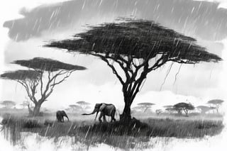 Rain falls on the Serengeti plain in Africa ,Leonardo Style,sketch art