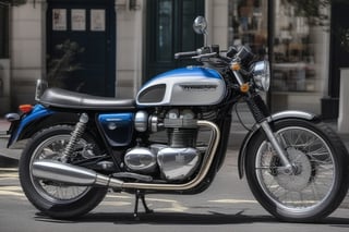 Blue and white Triumph Bonneville motorcycle in London

