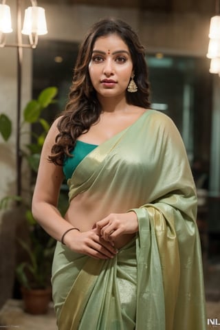 Candid Portrait of a chubby woman, saree, sleeveless, cleavage, very long curly hairs, long curly hairs,, shot with nikon 35 mm prime lens, f/1.8, bokkeh,, indoors, beautifully decorated, realism, volumetric lighting, (masterpiece:1.2), (insane quality:1.4), (flawless composition:1.5), (hdr:1.3) , professional photography, (Professional Color Grading), Edge Lighting,Dramatic lighting,Cinematic lighting,Lumen reflections, Soft natural lighting, Soft color, Photon mapping, Radiosity,