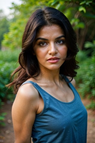 A photo of a pretty woman with long hair, bored, She wears a sleeveless blouse with colorful patterns, closeup portrait, 85mm lens, (analog, cinematic, film grain:1.3), (walking on a forest trail), ((detailed eyes)), (epicPhoto), (color picture:1.1), makeup, (looking at viewer)