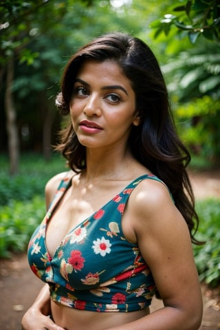 A photo of a pretty woman with long hair, bored, She wears a sleeveless blouse with colorful patterns, armpits, closeup portrait, 85mm lens, (analog, cinematic, film grain:1.3), (walking on a forest trail), ((detailed eyes)), (epicPhoto), (color picture:1.1), makeup, (looking at viewer)