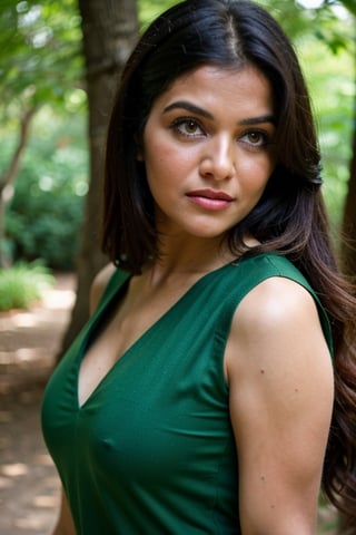 A photo of a pretty woman with long hair, bored, She wears a sleeveless blouse with colorful patterns, closeup portrait, 85mm lens, (analog, cinematic, film grain:1.3), (walking on a forest trail), ((detailed eyes)), (epicPhoto), (color picture:1.1), makeup, (looking at viewer)