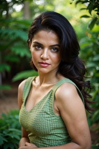 A photo of a pretty woman with long hair, bored, She wears a sleeveless blouse with colorful patterns, closeup portrait, 85mm lens, (analog, cinematic, film grain:1.3), (walking on a forest trail), ((detailed eyes)), (epicPhoto), (color picture:1.1), makeup, (looking at viewer)