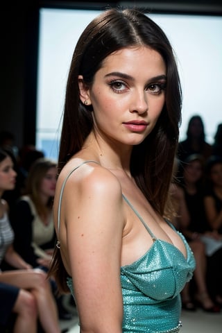 A photo of a pretty woman with long hair, bored, She wears a strappy dress, spaghetti straps, a woman, perfect hair, (modern photo,  elegant haute couture model outfit, dress), closeup portrait, 85mm lens, (analog, cinematic, film grain:1.3), (walking on the runway), ((detailed eyes)), (epicPhoto), (color picture:1.1), jewelry, makeup, (looking at viewer)