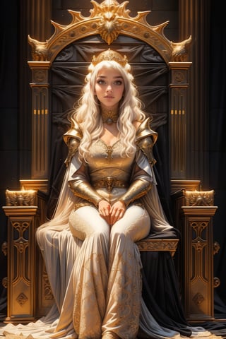 17 year old Medieval girl, daenerys targaryen, (full body), (((1woman, 1dragon))), In the background, a throne is placed in the middle of a large hall in a dark palace. ((A very young and beautiful queen is sitting on the throne with a solemn expression.)) A very huge black dragon is lying down and sleeping next to the throne. The queen is wearing a golden tiara and a white lace dress. , best quality, (((masterpiece))), high quality, realist, best detailed, RAW, 8K, details, DTstyle