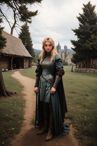 17 year old Medieval girl, named Sophie, medium blonde hair, blue eyes, medium breast, dynamic view, teen girl, full body, 17 years old, (masterpiece),, ultra high resolution, 8k, masterpiece UHD, unparalleled masterpiece, ultra realistic 8K, Atmospheric perspective. ((beautiful village girl 17 years old )) blonde, in medivel Europe, in a dark medieval village, pine trees, cottage, dark mood, (wearing whore medieval clothes), Medieval Time, Medieval Era, Medieval Castle in distant background, wearing medieval outfit, shes a street whore 