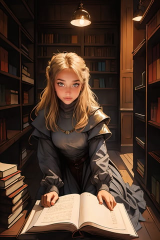 17 year old Medieval girl, named Sophie, medium blonde hair, blue eyes, medium breast, dynamic view, teen peasant girl, full body, 17 years old, (masterpiece), ultra high resolution, 8k, masterpiece UHD, unparalleled masterpiece, ultra realistic 8K, one beautiful girl,{masutepiece}, ((Best Quality)), hight resolution, {{Ultra-detailed}}, {extremely details CG}, {8k wall paper},kawaii,anime, Library Ladder, Climbing to reach a top-shelf book, Evening, Books of various sizes surrounding her, Vertical view of the tall bookshelf, Warm overhead lighting, Focus on her curiosity, Leather and paper Texture, Knowledge-seeking Mood, Wearing glasses and a sweater, Hair in a loose bun