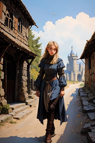 17 year old Medieval girl, named Sophie, medium blonde hair, blue eyes, medium breast, dynamic view, teen peasant girl, full body, 17 years old, (masterpiece), ultra high resolution, 8k, masterpiece UHD, unparalleled masterpiece, ultra realistic 8K, Atmospheric perspective. ((beautiful peasant girl 17 years old )) blonde, in medivel Europe, in a dark medieval village, Medieval Europe village, dark mood, (wearing torned clothes), Medieval Time, Medieval Era, Medieval Castle in distant background, wearing torned peasant clothes, shes a street whore ,sophia, wearing almost no clothes, all her clothes are trashed ,torn clothes