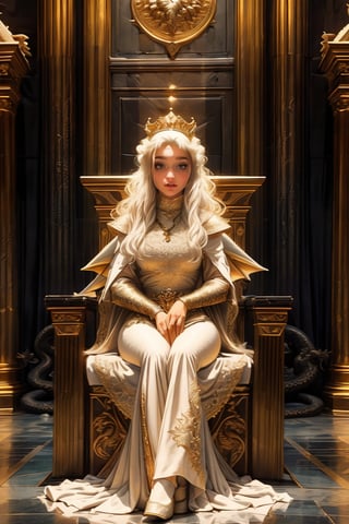 17 year old Medieval girl, daenerys targaryen, (full body), (((1woman, 1dragon))), In the background, a throne is placed in the middle of a large hall in a dark palace. ((A very young and beautiful queen is sitting on the throne with a solemn expression.)) A very huge black dragon is lying down and sleeping next to the throne. The queen is wearing a golden tiara and a white lace dress. , best quality, (((masterpiece))), high quality, realist, best detailed, RAW, 8K, details, DTstyle