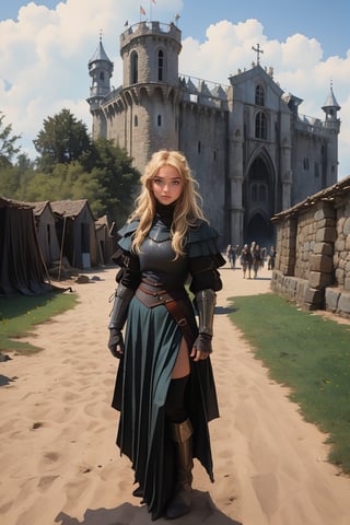 17 year old Medieval girl, named Sophie, medium blonde hair, blue eyes, medium breast, dynamic view, teen girl, full body, 17 years old, (masterpiece),, ultra high resolution, 8k, masterpiece UHD, unparalleled masterpiece, ultra realistic 8K, Atmospheric perspective. ((beautiful village girl 17 years old )) blonde, in medivel Europe, in a dark medieval village, Medieval Europe village, dark mood, (wearing whore medieval clothes), Medieval Time, Medieval Era, Medieval Castle in distant background, wearing medieval outfit, shes a street whore 