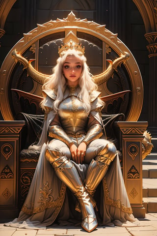17 year old Medieval girl, daenerys targaryen, (full body), (((1woman, 1dragon))), In the background, a throne is placed in the middle of a large hall in a dark palace. ((A very young and beautiful queen is sitting on the throne with a solemn expression.)) A very huge black dragon is lying down and sleeping next to the throne. The queen is wearing a golden tiara and a white lace dress. , best quality, (((masterpiece))), high quality, realist, best detailed, RAW, 8K, details, DTstyle,More Detail,add