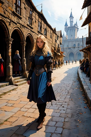 17 year old Medieval girl, named Sophie, medium blonde hair, blue eyes, medium breast, dynamic view, teen peasant girl, full body, 17 years old, (masterpiece), ultra high resolution, 8k, masterpiece UHD, unparalleled masterpiece, ultra realistic 8K, Atmospheric perspective. ((beautiful peasant girl 17 years old)) blonde, in medivel Europe, in a dark medieval village, Medieval Europe village, dark mood, (wearing peasant clothes), Medieval Time, Medieval Era, Medieval Castle in distant background, wearing torned peasant clothes, shes a street whore, wearing almost no clothes, all her clothes are trashed ,torn clothes, busy medieval street, 