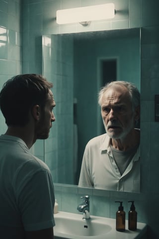 2males. Young vs Old. A ((young man)) sees his reflexion as an ((old man)) in a bathroom mirror. Emphasize his distress confronted to the vision of his inevitable decay and death.

Flickering fluorescent light, ghastly shadows, cracked tiles, sense of dread. Dramatic. Face to face.


HD, 8k, high_res, highly detailed, intricate, detailed faces, analog.