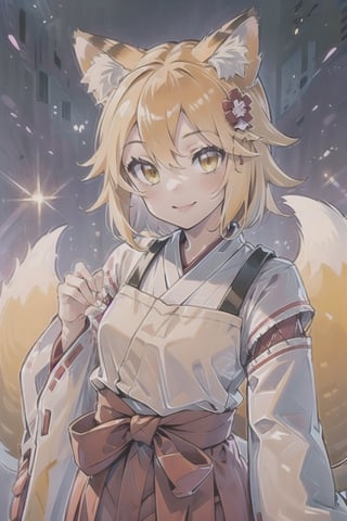 (masterpiece, top quality, best quality, official art, beautiful and aesthetic, anime style), (8k res, best quality, masterpiece), (looking at viewer, cowboy shot), 1girl, young, child, solo, Senko, (yellow hair, blonde colored hair, bangs, short hair, hair flower), (yellow eyes, shining yellow eyes), (fox girl, animals ears, fox ears, animal ear fluff, tail, fox tail), [smile, closed mouth, blush], (Senko Attire, wide sleeves, long sleeves, white kimono, red hakama pants, japanese clothes),Senko, posing cutely with her hands towards viewer, begging for a hug,pov being hugged