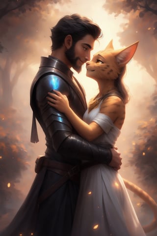 1 boy (non-furry, human male, tall, black hair, black eyes, beard, black armour, scabbard:1.1).

1 girl (female khajiit, short, orange fur, head_fur, golden eyes, smiling, chest_tuft, orange paws, white_dress:1.1). 

In a park setting on a sunny day, warm and inviting atmosphere.

human boy and khajiit girl hugging, looking at each other,  tender gaze, foreheads touching,(Couple, Human_on_anthro, human_on_furry, human/anthro, furry female, human male). 

colorful,  ultra highly detailed,  32 k,  Fantastic Realism complex background,  dynamic lighting,  lights,  digital painting,  intricated pose,  highly detailed intricated,  stunning,  textures,  iridescent and luminescent scales,  breathtaking beauty,  pure perfection,  divine presence,  unforgettable,  impressive,  volumetric light,  auras,  rays,  vivid colors reflects. 