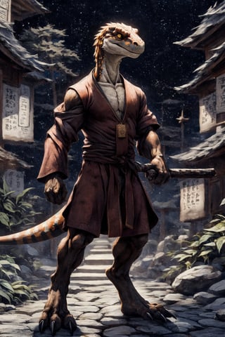 short orange anthro velociraptor, yellow eyes and black sclera, horns on head. wearing red buddhist monk robes with short sleeves. long two-handed wooden stick across body,held in both hands. in the background a Japanese tori gate.