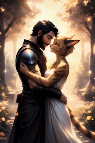 1 boy (non-furry, human male, tall, black hair, black eyes, beard, black armour, scabbard:1.1).

1 girl (female khajiit, short, orange fur, head_fur, golden eyes, smiling, chest_tuft, orange paws, white_dress:1.1). 

In a park setting on a sunny day, warm and inviting atmosphere.

human boy and khajiit girl hugging, looking at each other,  tender gaze, foreheads touching,(Couple, Human_on_anthro, human_on_furry, human/anthro, furry female, human male). 

colorful,  ultra highly detailed,  32 k,  Fantastic Realism complex background,  dynamic lighting,  lights,  digital painting,  intricated pose,  highly detailed intricated,  stunning,  textures,  iridescent and luminescent scales,  breathtaking beauty,  pure perfection,  divine presence,  unforgettable,  impressive,  volumetric light,  auras,  rays,  vivid colors reflects. 