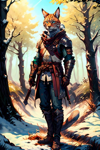 a male warrior with the head of a lynx with grey and white fur on his face and long white fluffy cheeks and whiskers and icy blue eyes. a long cat tail behind. wearing ornate steel armour and boots. standing in a snowy field with trees in the distance, (masterpiece, best quality, extremely detailed, intricately detailed, photo-realistic, absurdres, chiaroscuro lighting, ray tracing, polished, high resolution, volumetric lightning, ((green accents, maroon attachments, steel cuirass with bandolier)), More Detail,medieval armor
