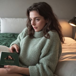 natural pose, i want a casual selfie in the style that the new generation is now drawn to, background is a christmas themed background, photo, full-length picture, dramatic lighting, medium hair, detailed face, detailed nose, woman wearing something cozy lying in bed reading a good book with a dark green cover, freckles, smirk, realism, realistic, raw, analog, woman, photorealistic, analog ,realism
